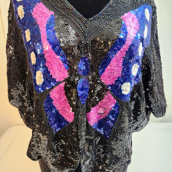 Vintage Sho Max Sequin Butterfly Blouse Black with Pink and Blue Size Small - Picture 1 of 11